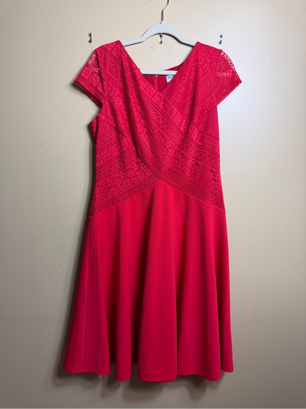 NorthStyle Red Lace Skater Dress Size 14 Fit Flare Geometric Stretch Midi